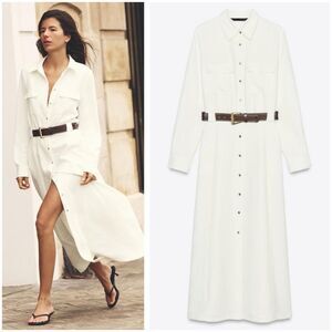 Zara Belted Crepe Midi Shirtdress Dress White Size L 2252/542